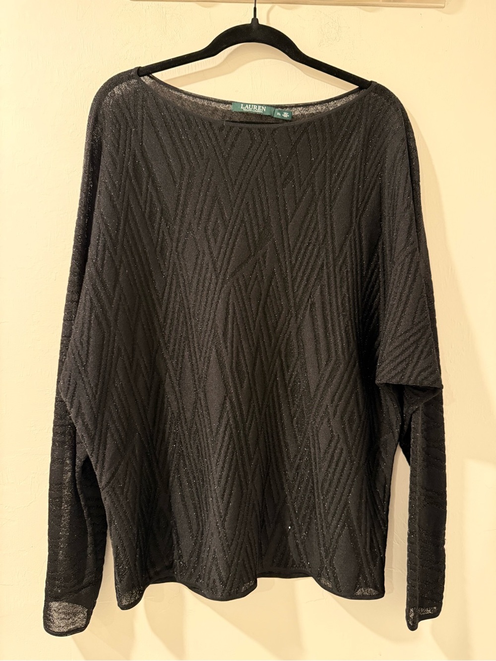 Lauren Ralph Lauren Black Metallic Dolman Sleeve Sweater XL Geometric Shimmer